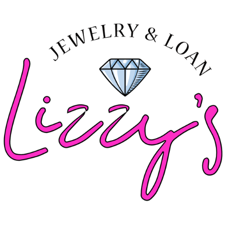A logo featuring the text 'JEWELRY & LOAN' in black serif font arched above a large pink script word 'Lizzy's' with a small outlined diamond illustration in the center, on a plain white background.